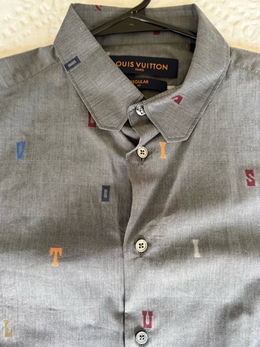 Louis Vuitton Gray Button-Down Shirt with Multicolor Letter Embroidery